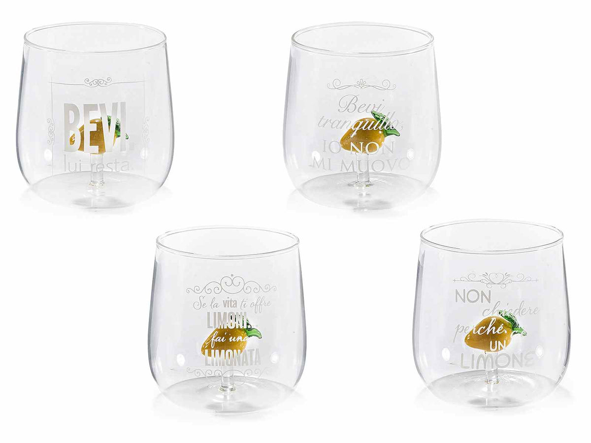 Bicchieri in vetro trasparente con limone in 3D e scritte bianche, set da 4 pezzi, Ø 9 cm x 9 H