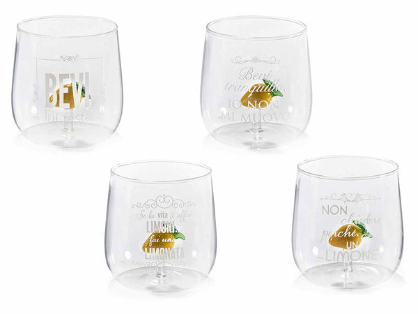 Bicchieri in vetro trasparente con limone in 3D e scritte bianche, set da 4 pezzi, Ø 9 cm x 9 H