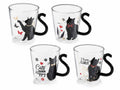 Tazze in vetro borosilicato trasparente con manico a coda di gatto e scritte, set da 4 pezzi, Ø 8 cm x 9 H