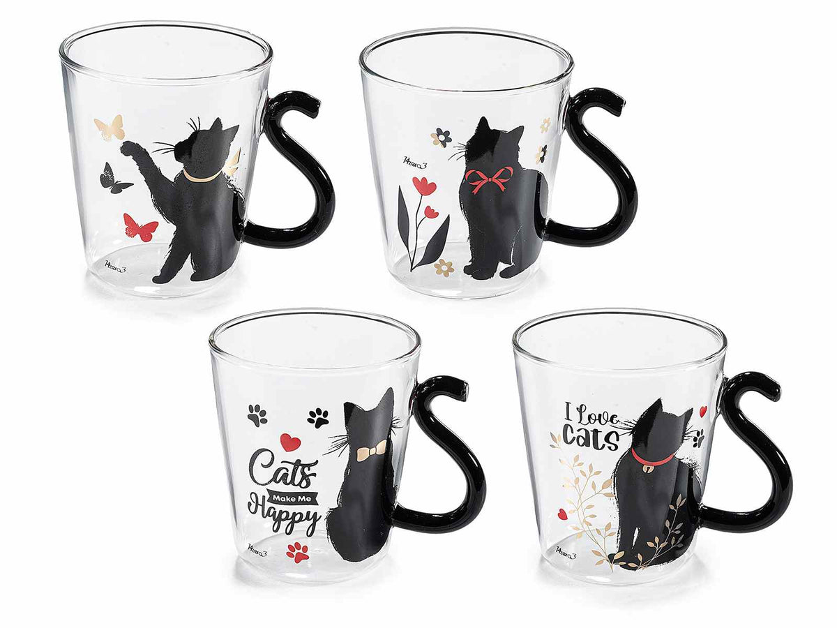 Tazze in vetro borosilicato trasparente con manico a coda di gatto e scritte, set da 4 pezzi, Ø 8 cm x 9 H
