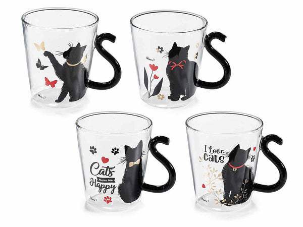 Tazze in vetro borosilicato trasparente con manico a coda di gatto e scritte, set da 4 pezzi, Ø 8 cm x 9 H