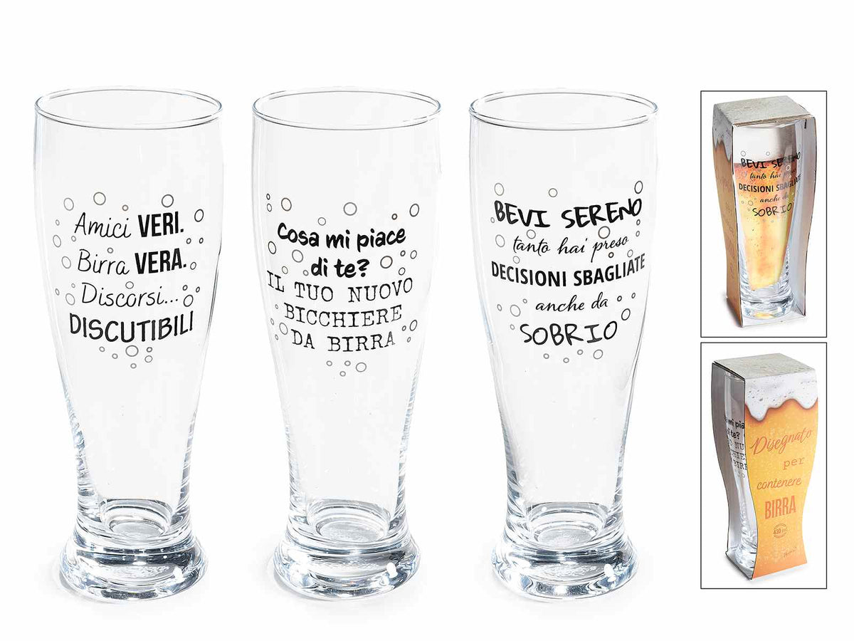 Bicchiere da birra in vetro trasparente con scritte e design in confezione, set da 6 pezzi, Ø 7 cm x 19 H