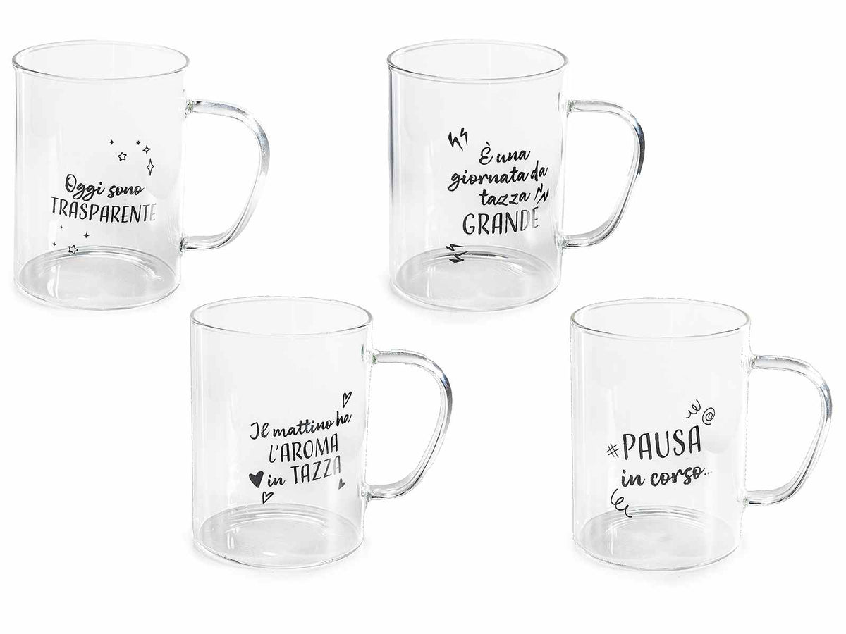 Tazze in vetro trasparente con manico e scritte decorative, set da 12 pezzi, Ø 8 cm x 10,5 H