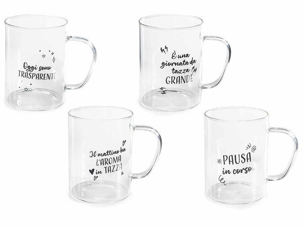 Tazze in vetro trasparente con manico e scritte decorative, set da 12 pezzi, Ø 8 cm x 10,5 H