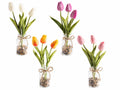 Barattoli in vetro con tulipani artificiali, sassolini e fiocco di juta, set da 8 pezzi, Ø 5,5 cm x 26 H