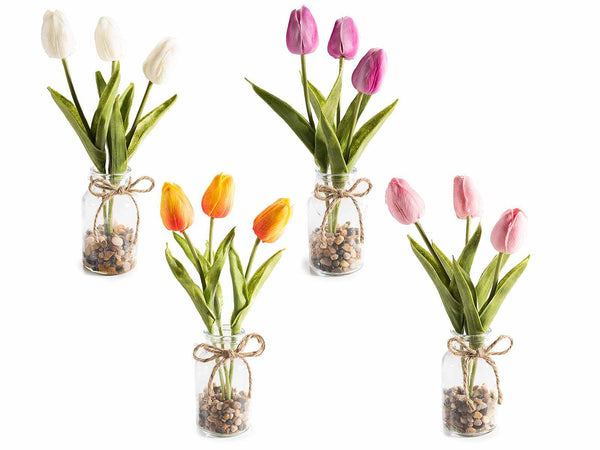 Barattoli in vetro con tulipani artificiali, sassolini e fiocco di juta, set da 8 pezzi, Ø 5,5 cm x 26 H
