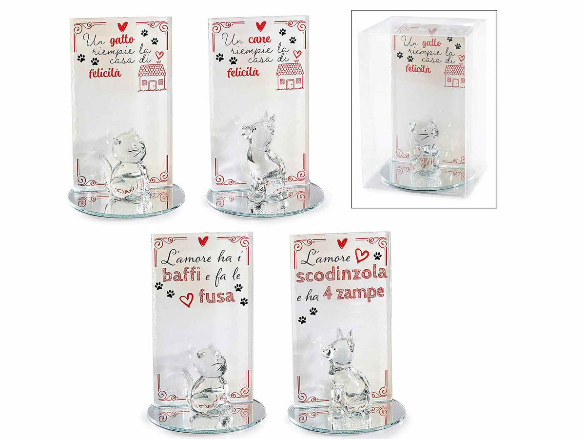 Targhette in vetro con cane e gatto, dedica e base a specchio in confezione, set da 12 pezzi, Ø 6,5 cm x 9,5 H