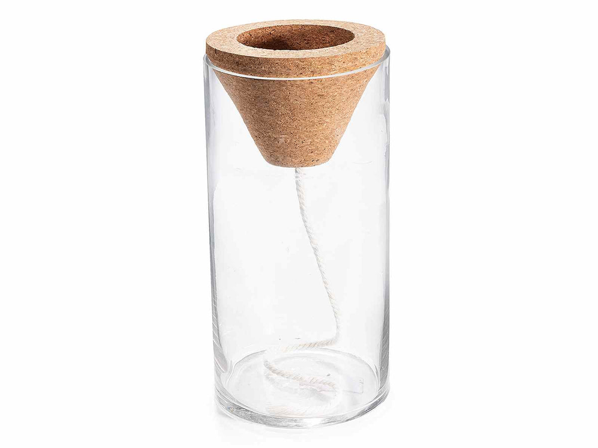 Vasi cilindrici in vetro trasparente con bordo al taglio vivo e cono con corda, set da 4 pezzi, Ø 12,5 cm x 25 H