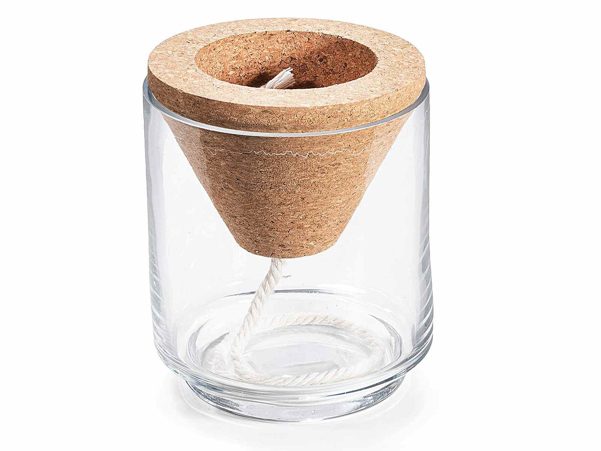 Vasi cilindrici in vetro trasparente con bordo al taglio vivo e cono con corda, set da 4 pezzi, Ø 12 cm x 15 H