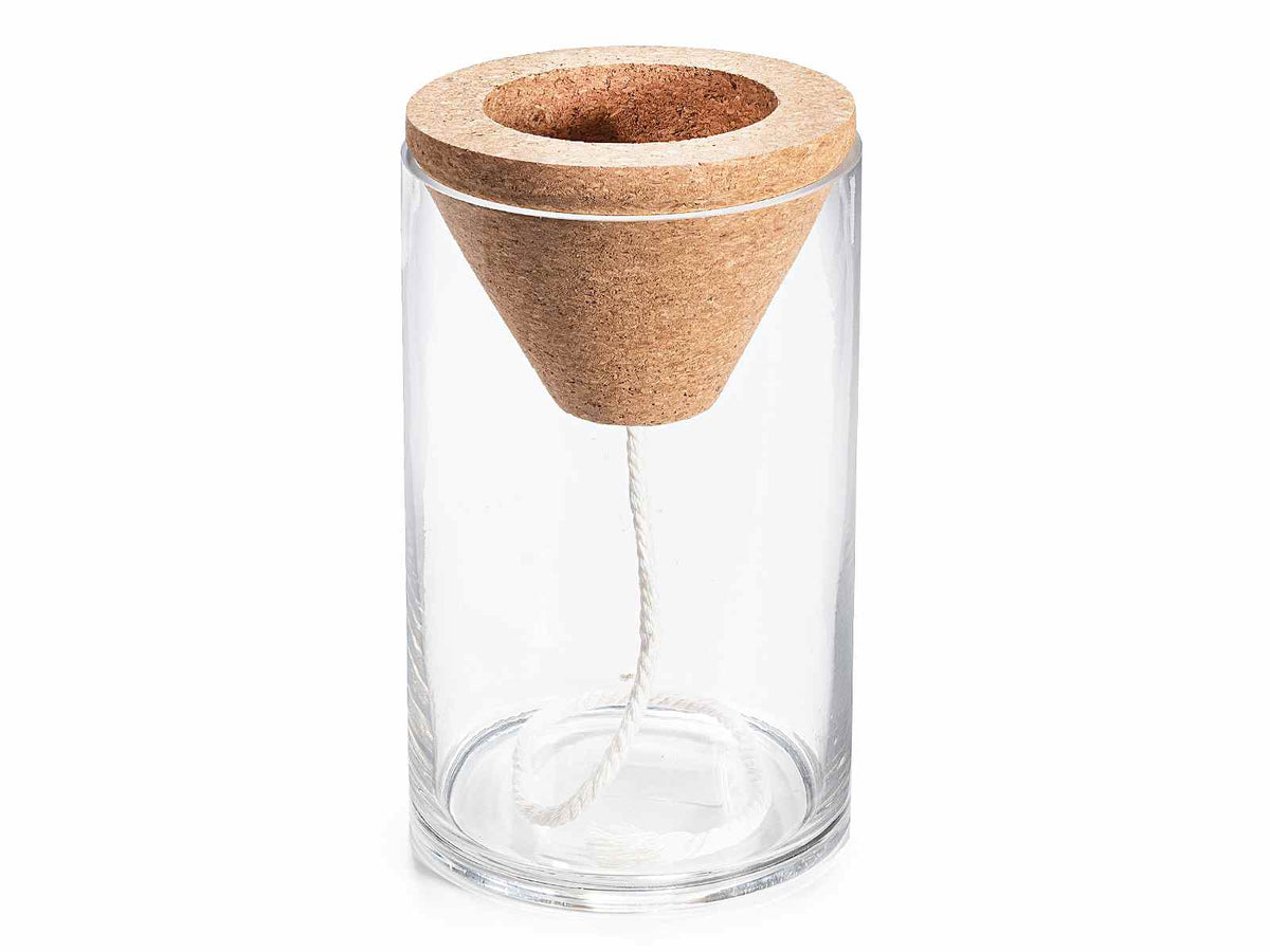 Vasi cilindrici in vetro trasparente con bordo al taglio vivo e cono con corda, set da 4 pezzi, Ø 12,5 cm x 21,5 H