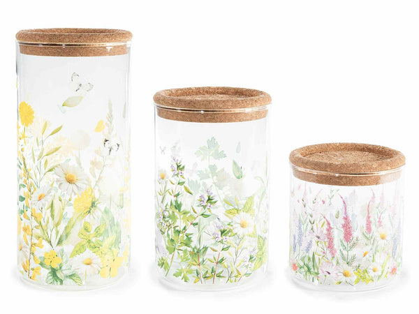 Barattoli alimentari in vetro stampe fiori e coperchio, set da 2 pezzi, Grande: Ø 10 cm x 21 H