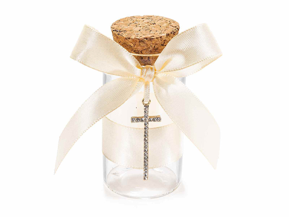 Provette portaconfetti con charm a croce e fiocco, set da 20 pezzi, Ø 3,7 cm x 7 H (c / tappo 8)