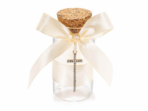 Provette portaconfetti con charm a croce e fiocco, set da 20 pezzi, Ø 3,7 cm x 7 H (c / tappo 8)