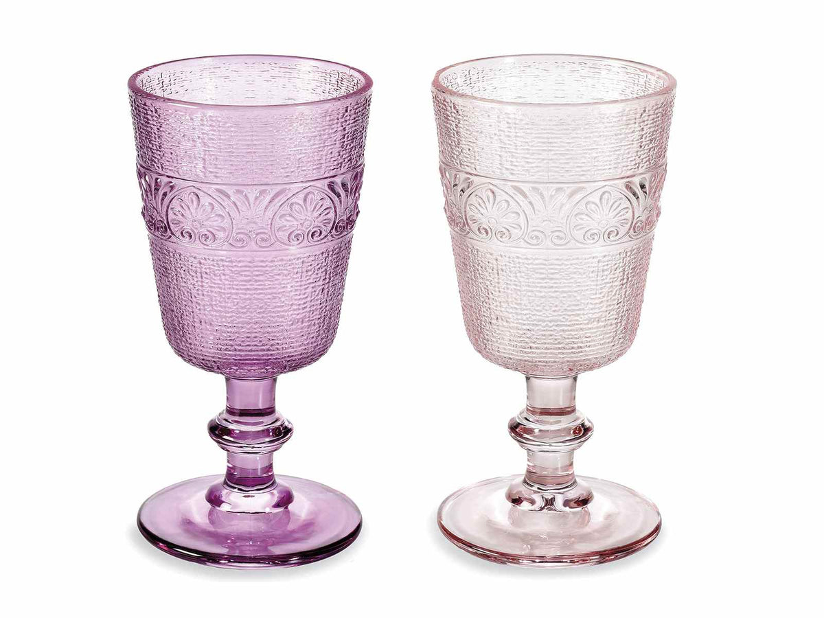Bicchieri a calice in vetro lavorato e colorato rosa antico e lilla, ideali, set da 6 pezzi, Ø 8,5 cm x 16,5 H