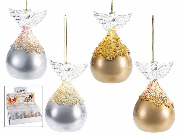 Addobbi natalizi ad angelo in vetro decorato oro e argento, con abito, set da 12 pezzi, Angelo: Ø 6,5 x 10,5 H