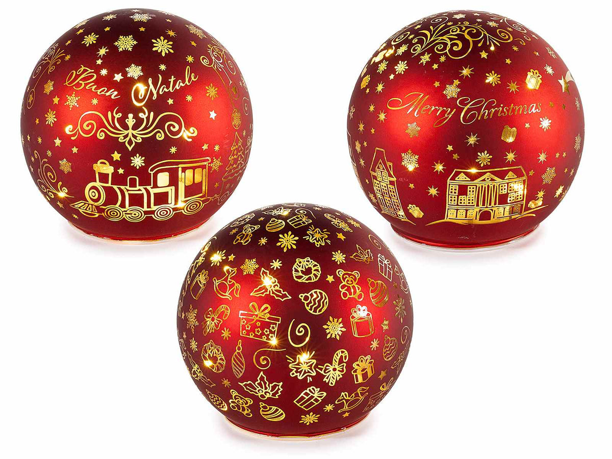 Lampade natalizie a sfera in vetro decorato a tema con luci LED, set da 3 pezzi, Ø 10 cm x 9 H