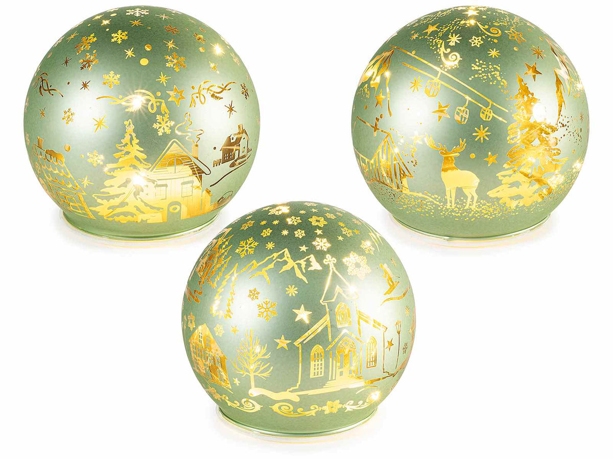 Lampade natalizia a sfera in vetro decorato con paesaggio a tema e con luci LED, set da 3 pezzi, Ø 10 cm x 9 H