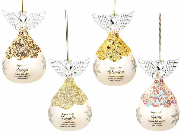 Angeli decorativi natalizi in vetro decorato colorato con luce LED e scritta, set da 12 pezzi, Angelo: Ø 6,5 x 10,5 H