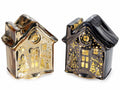 Casette natalizie in vetro effetto lucido con decori in rilievo e luci LED, set da 2 pezzi, cm 12 x 7,5 x 13,5 H