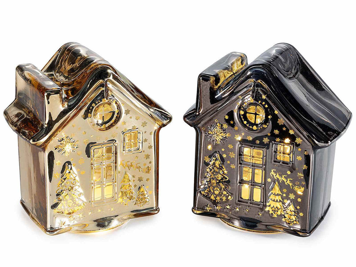 Casette natalizie in vetro effetto lucido con decori in rilievo e luci LED, set da 2 pezzi, cm 12 x 7,5 x 13,5 H