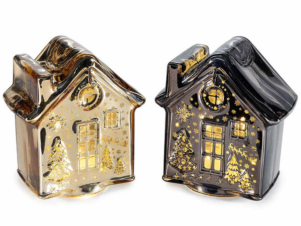 Casette natalizie in vetro effetto lucido con decori in rilievo e luci LED, set da 2 pezzi, cm 12 x 7,5 x 13,5 H