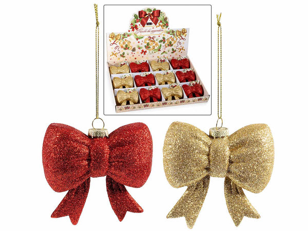 Decori natalizi da appendere a fiocco in vetro glitterato, in espositore da 12, set da 12 pezzi, cm 9 x 3,5 x 9 H