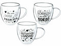 Tazze in vetro borosilicato con doppio fondo e scritte decorative, con scatola, set da 3 pezzi, Ø 9 cm x 9 H