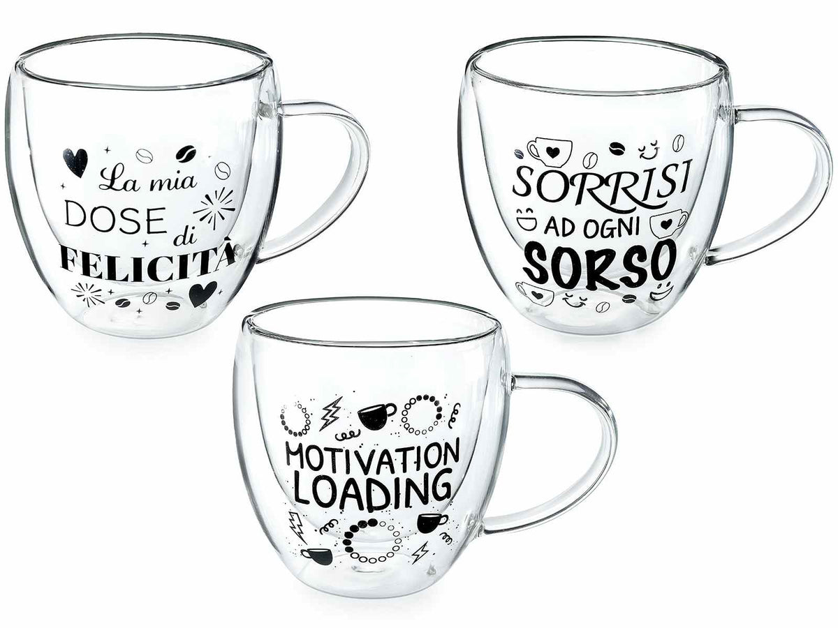 Tazze in vetro borosilicato con doppio fondo e scritte decorative, con scatola, set da 3 pezzi, Ø 9 cm x 9 H