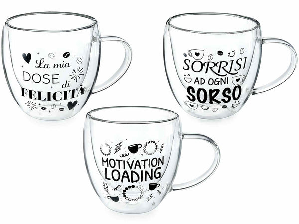 Tazze in vetro borosilicato con doppio fondo e scritte decorative, con scatola, set da 3 pezzi, Ø 9 cm x 9 H