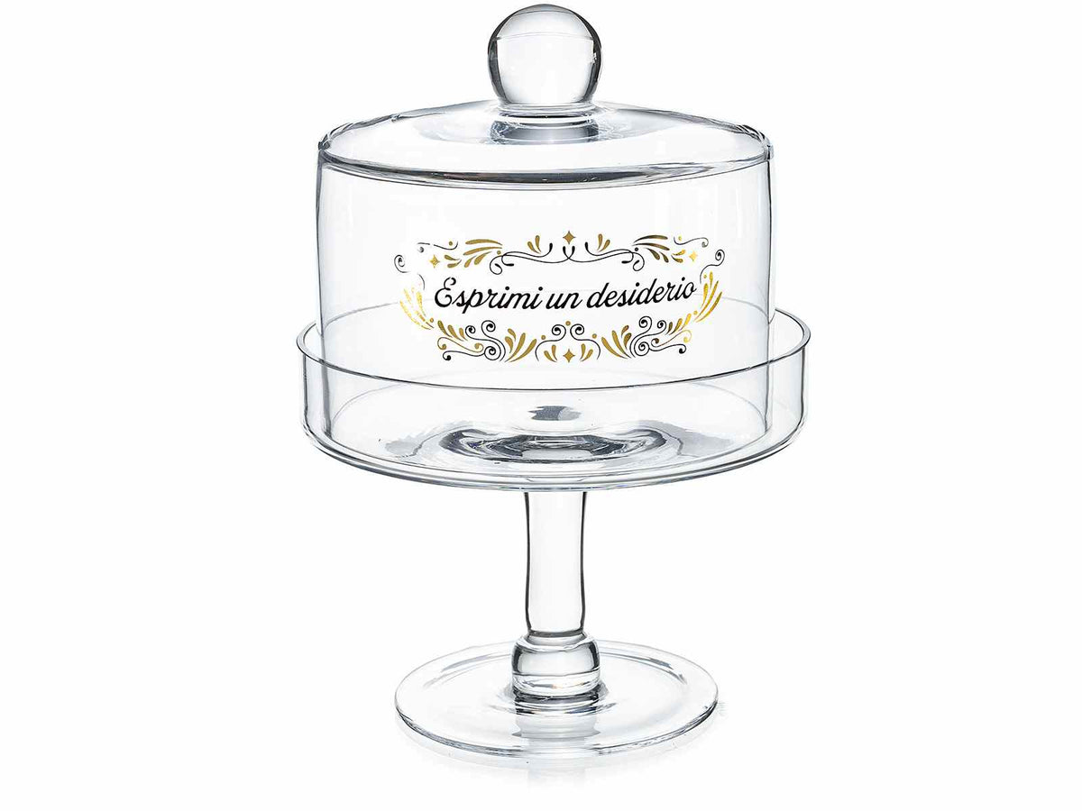 Alzatine in vetro con campana, scritte e dettagli dorati, Ø 16,5 cm x 23 H