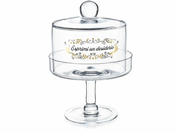 Alzatine in vetro con campana, scritte e dettagli dorati, Ø 16,5 cm x 23 H