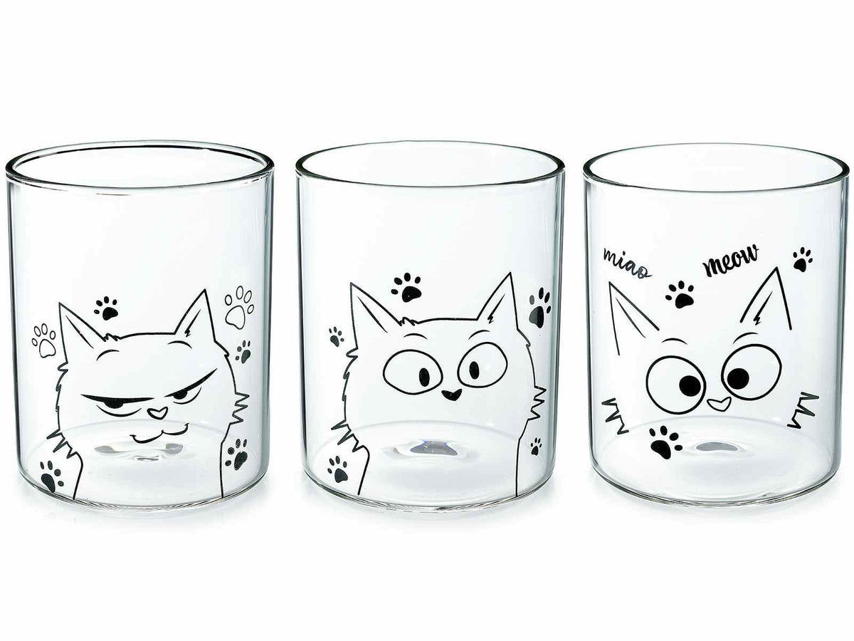 Bicchieri in vetro con decoro gattini in scatola regalo, set da 3 pezzi, Ø 8 cm x 9,5 H