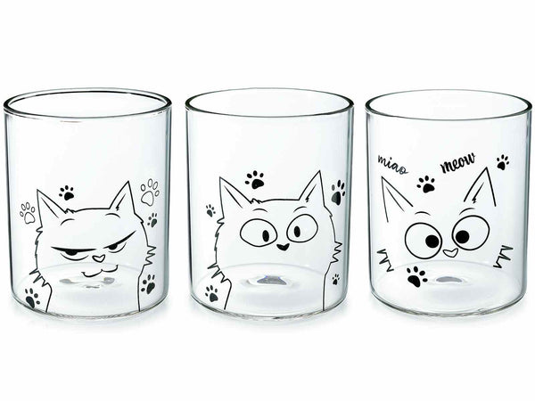 Bicchieri in vetro con decoro gattini in scatola regalo, set da 3 pezzi, Ø 8 cm x 9,5 H