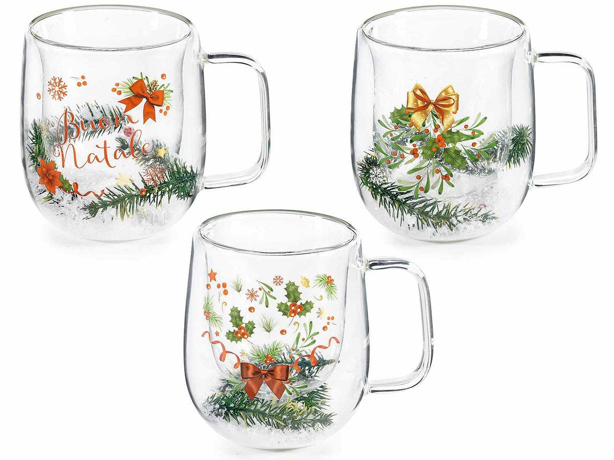 Set di 3 tazze natalizie in vetro borosilicato con doppio fondo e decori natalizi, con scatola, Ø 8,5 cm x 9,5 H
