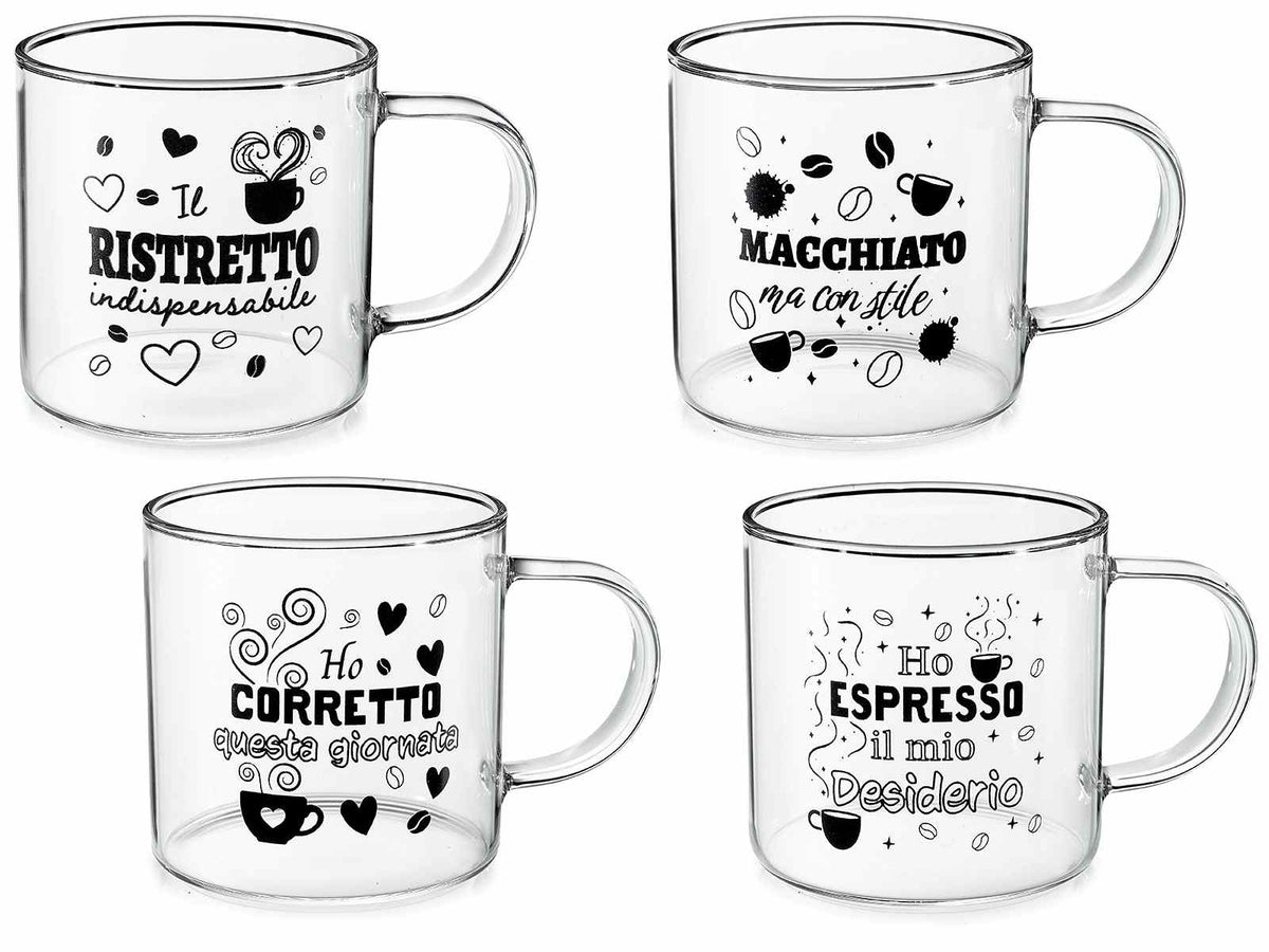 Tazze da caffè in vetro borosilicato con manico e scritte a tema, in scatola, set da 8 pezzi, Ø 7 cm x 7 H