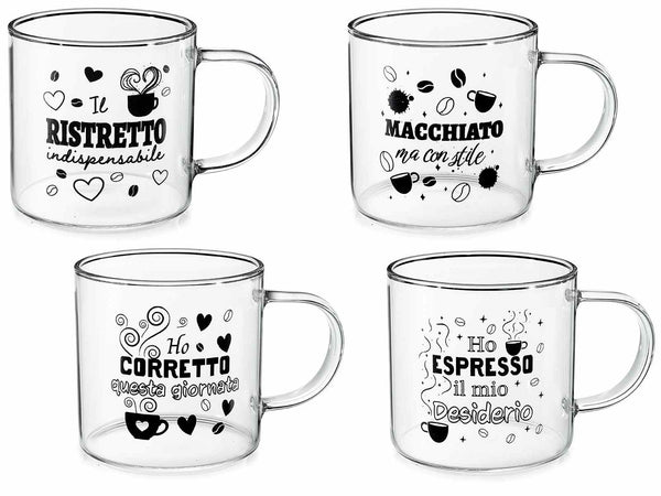 Tazze da caffè in vetro borosilicato con manico e scritte a tema, in scatola, set da 8 pezzi, Ø 7 cm x 7 H