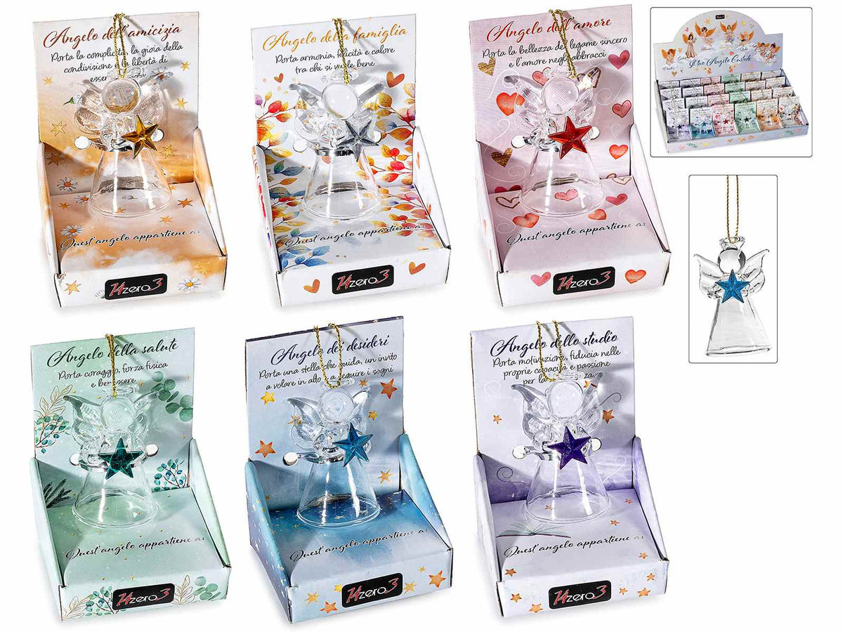 Angioletti decorativi in vetro con stella colorata da appendere, confezione, set da 24 pezzi, Angelo: cm 2,5 x 3 x 4,5 H
