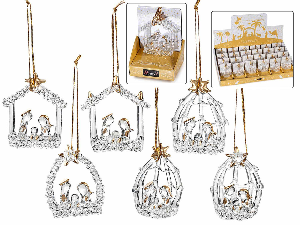 Presepe / Sacra Famiglia in vetro con dettagli dorati e cordino, set da 24 pezzi, Presepe: cm 4,5 x 2 x 5 H