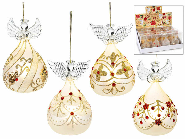 Angeli decorativi natalizi in vetro con luce LED e decorazioni brillanti, set da 12 pezzi, Angelo: Ø 6,5 cm x 10,5 H
