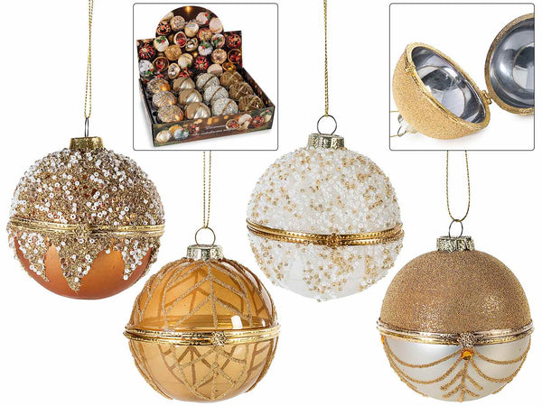 Palline regalo di Natale apribili con decorazioni brillanti in rilievo, set da 12 pezzi, Ø 8 cm