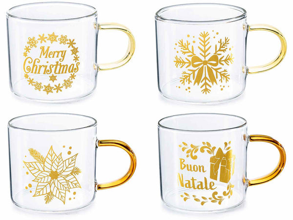 Tazzine natalizie da caffè in vetro borosilicato stampa e manico colorato, set da 16 pezzi, Ø 5,5 cm x 5 H