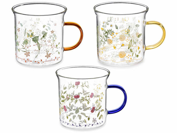Set di 6 tazze in vetro 350 ml con stampa floreale e manico colorato – Natale