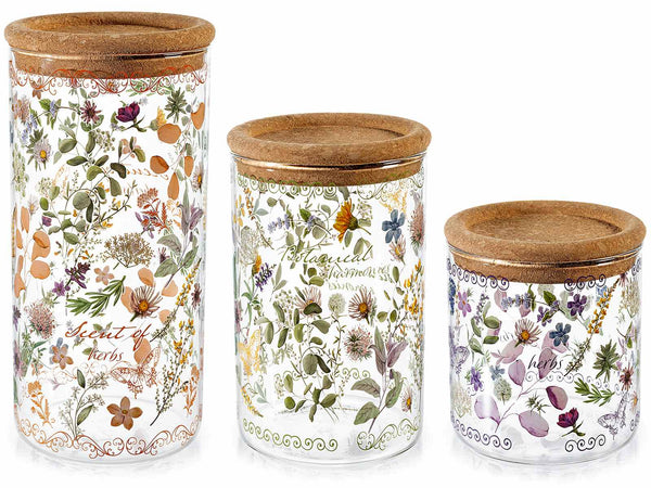Barattoli alimentari in vetro con stampe a fiori / erbe e coperchio in legno, Grande: Ø 10 cm x 21 H