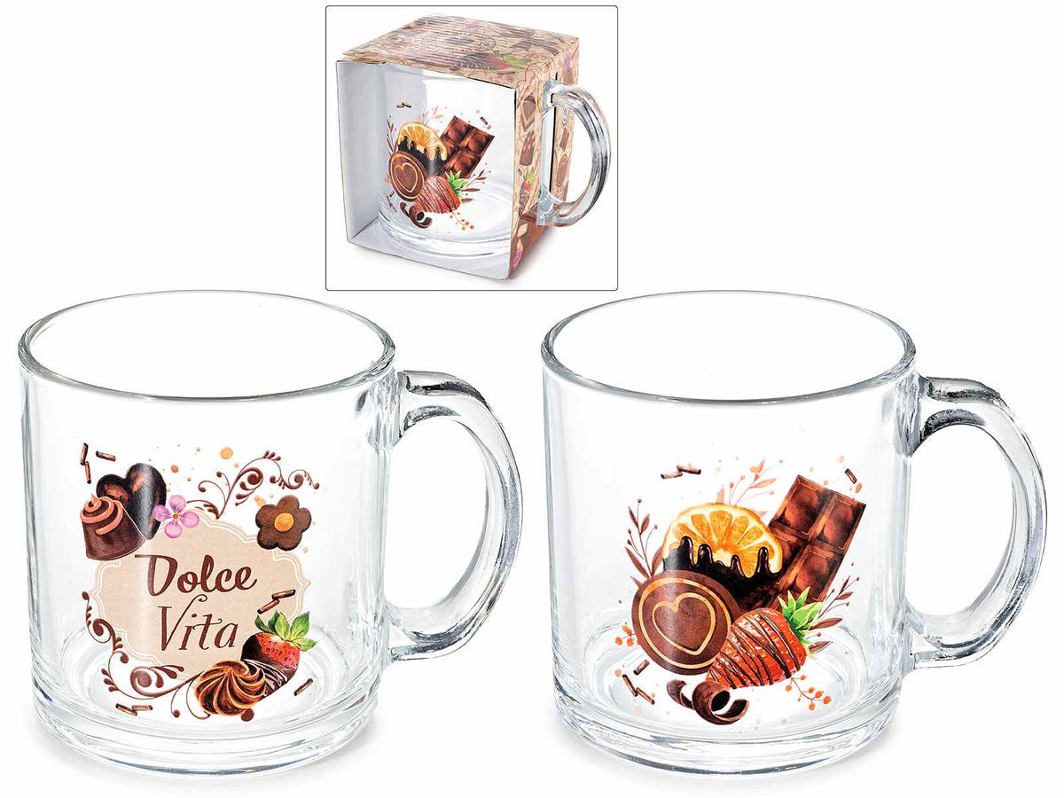 Tazze in vetro borosilicato con manico, stampe e scritte golose / dolcetti, set da 4 pezzi, Ø 8,5 cm x 9,5 H