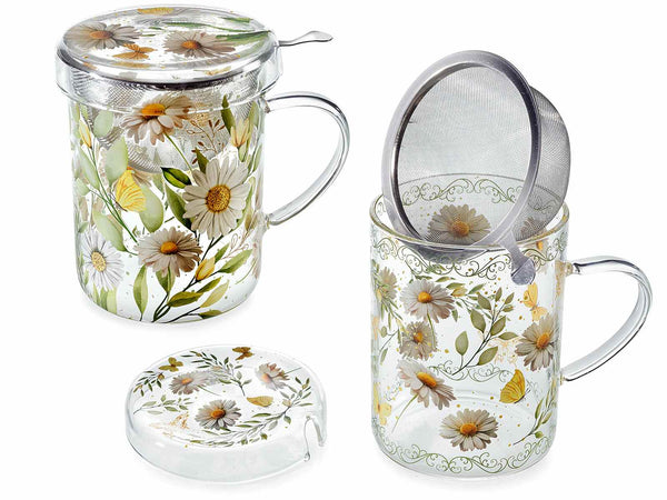 Tazze in vetro borosilicato con coperchio e filtro te in metallo stampa, set da 2 pezzi, Ø 9 cm x 11,5 H
