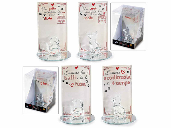 Targhette in vetro con cane e gatto, dedica e base a specchio in confezione, set da 12 pezzi, Ø 6,5 cm x 9,5 H