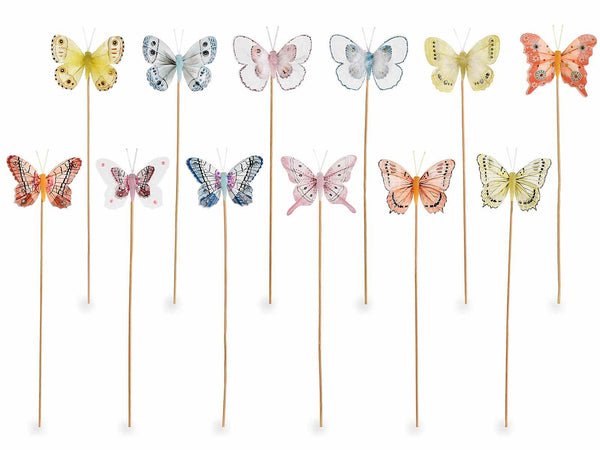 Farfalle colorate decorative con piumette su stick in legno, set da 36 pezzi, cm 7 H (c / stick 33)