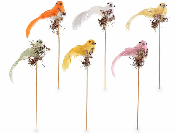 Uccellini colorati con piume e paglietta su stick in legno, set da 12 pezzi, cm 6 H (c / stick 27)