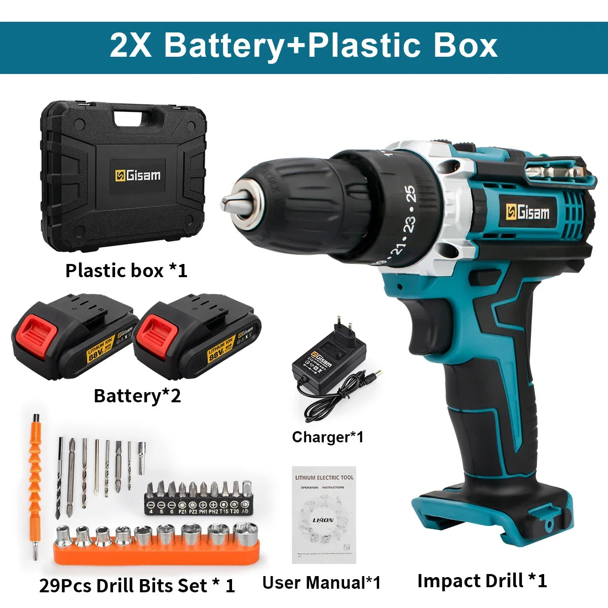 Trapano avvitatore a percussione a batteria, 25+3 di coppia – dettaglio 8