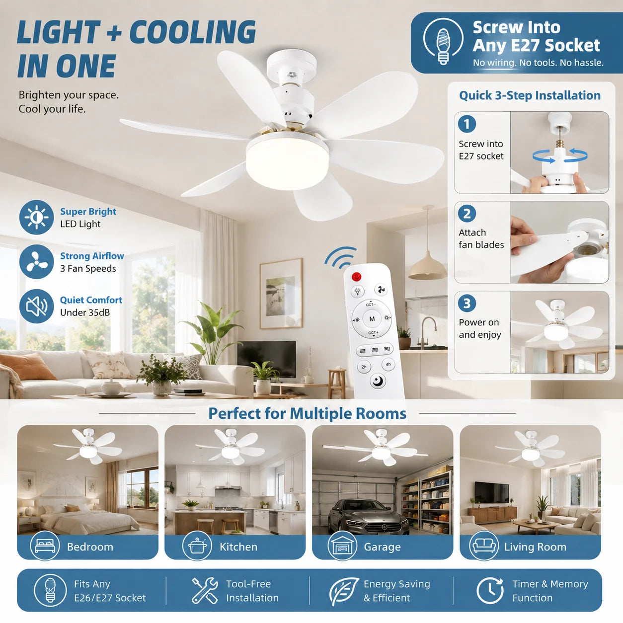 Lampada Ventilatore a Soffitto LED E27 con Telecomando, 3 Colori Dimmerabili, Base Rotante per Camera da – foto 5